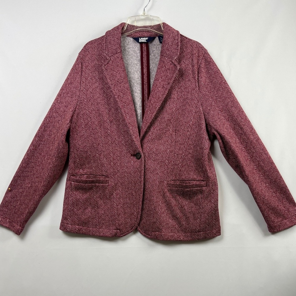 Lands' End Blazer Women L 14-16 Burgundy Herringbone Fleece Lined Knit Jacket